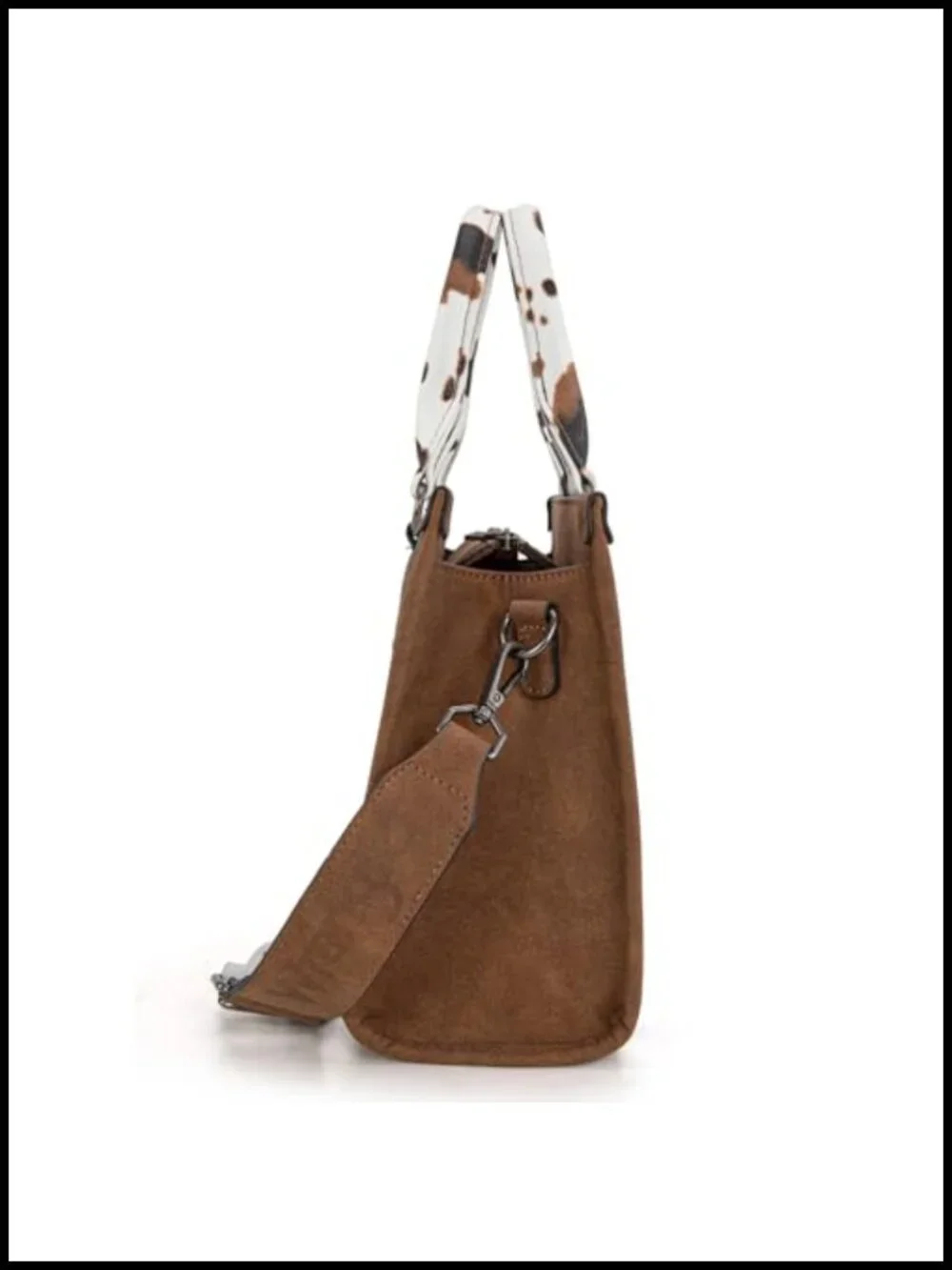 Faux Leather Cow Print Tote Bag with Whipstitch Details